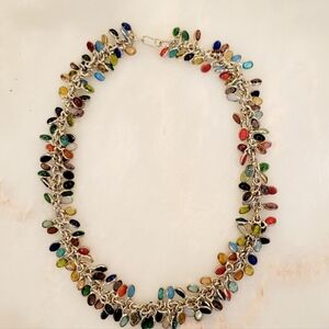 Sterling silver chain necklace set with 128 Colorful Glass Cabachons